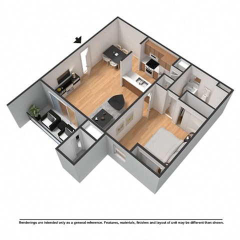 Floor plan for 1 bed, 1 bath, 712 sqft